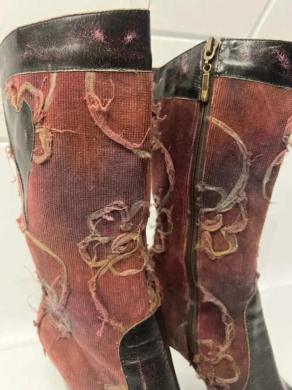 Vintage Italian Artisan Distressed Corduroy and Leather Pointed Toe Boots - Picture 2 of 7